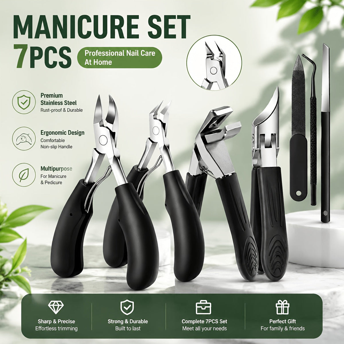 Nail Clipper Kit 7 Piece Heavy Duty for Men Professional Stainless Steel Thick Toenail Care Set – Nail File Cuticle Clipper Ergonomic Black Handle, Complete Manicure Pedicure Foot Care Tools