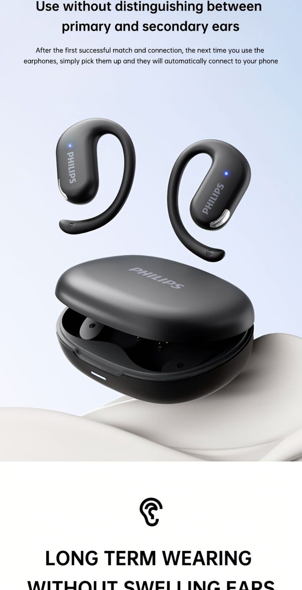 Philips TAT2739 Open Air Earbuds Wireless Bluetooth 5.3 Ear Hook Headphones with Wireless Charging Case – Non In-Ear Open-Back Design, Type-C, Tech Gift for Men Women