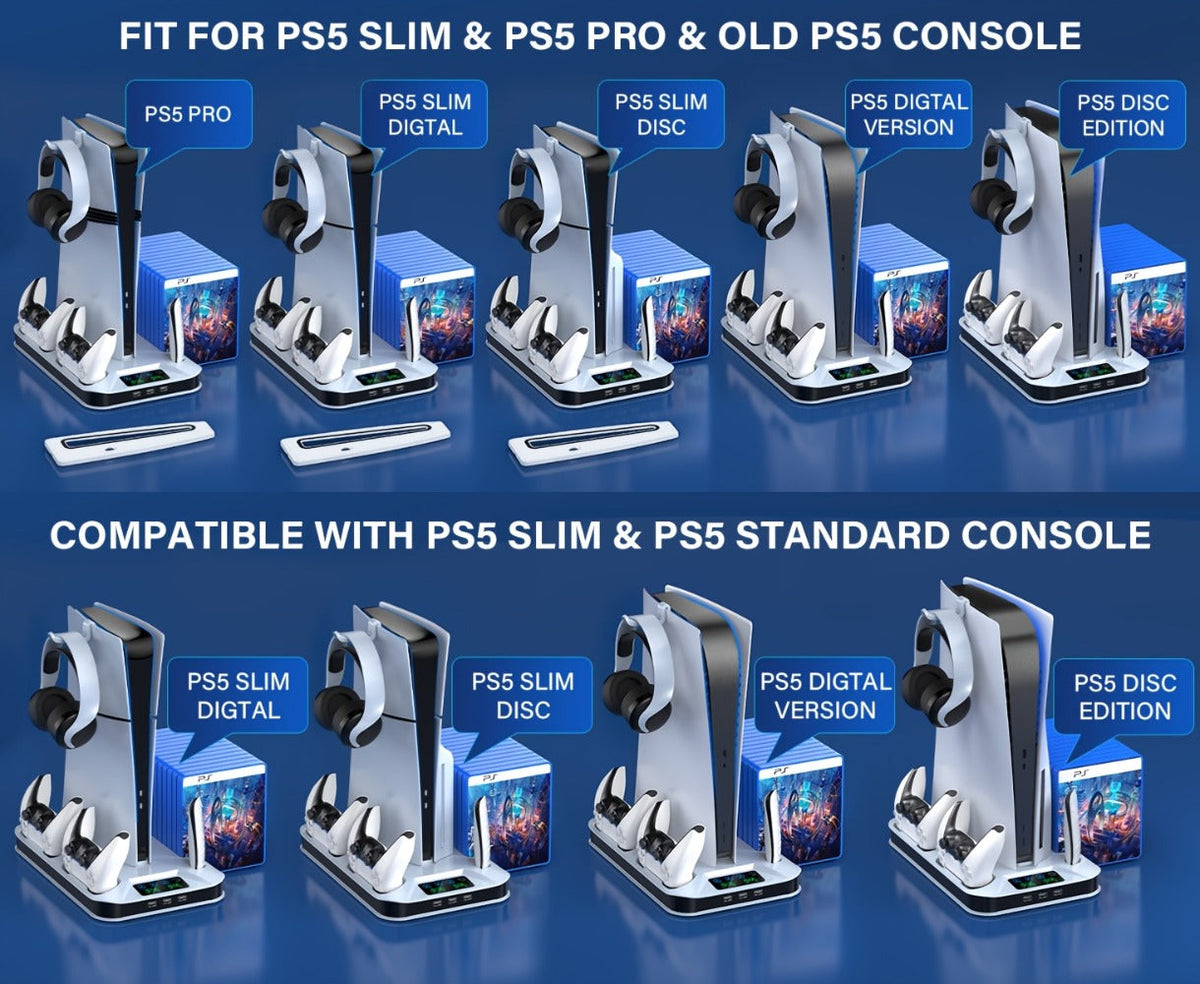 Auto Turbofan PS5 Cooling Stand with 3-Level Speed Control & Dual Controller Charger for PS5 / PS5 Slim / PS5 Pro – Charging Station for All PlayStation 5 Console Editions, Great Christmas Gift
