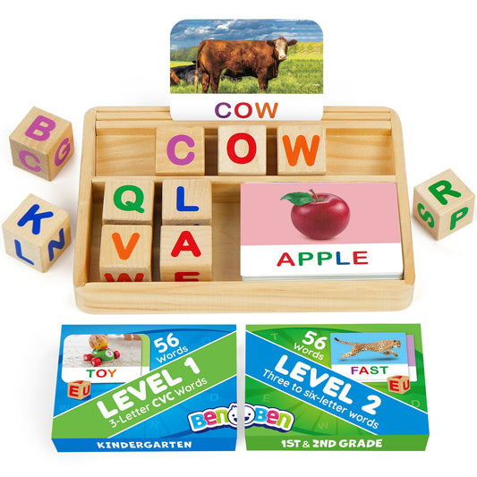 Phonics Word Building Kit with 110+ Cards, Letter Blocks and Wooden Tray