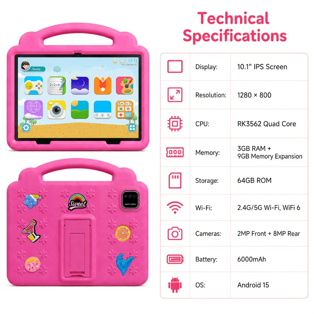 Kids Tablet 10.1 Inch Android 15 – 12GB RAM 64GB ROM Expandable 1TB, 6000mAh Battery, WiFi 6, 1280x800 IPS HD Screen, Dual Camera, Parental Controls, Pre-installed Games, Protective Case Included