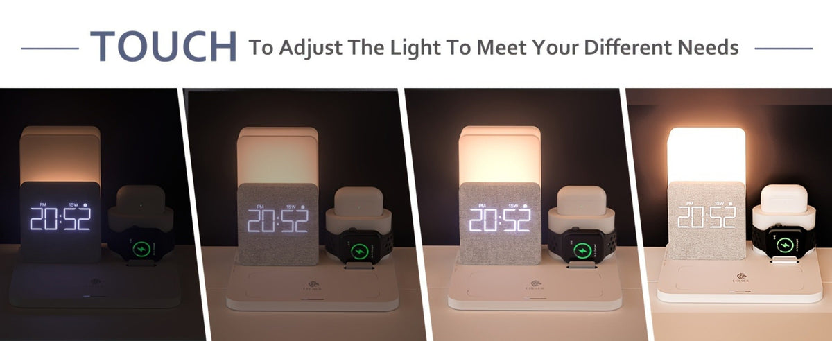 Alarm Clock 3-in-1 Wireless Charging Station with Clock Display – Bedside Charging Dock for iPhone 16 15 14 13 12 & Samsung Galaxy, Charges Phone Watch & Earbuds Simultaneously | Black White Gray