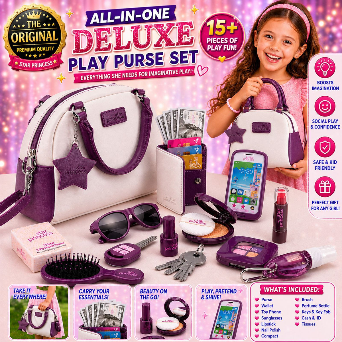Pretend Play Purse Set, 18+ Pc Kids Handbag with Toy Phone, Wallet, Cards, Keys & Pretend Makeup