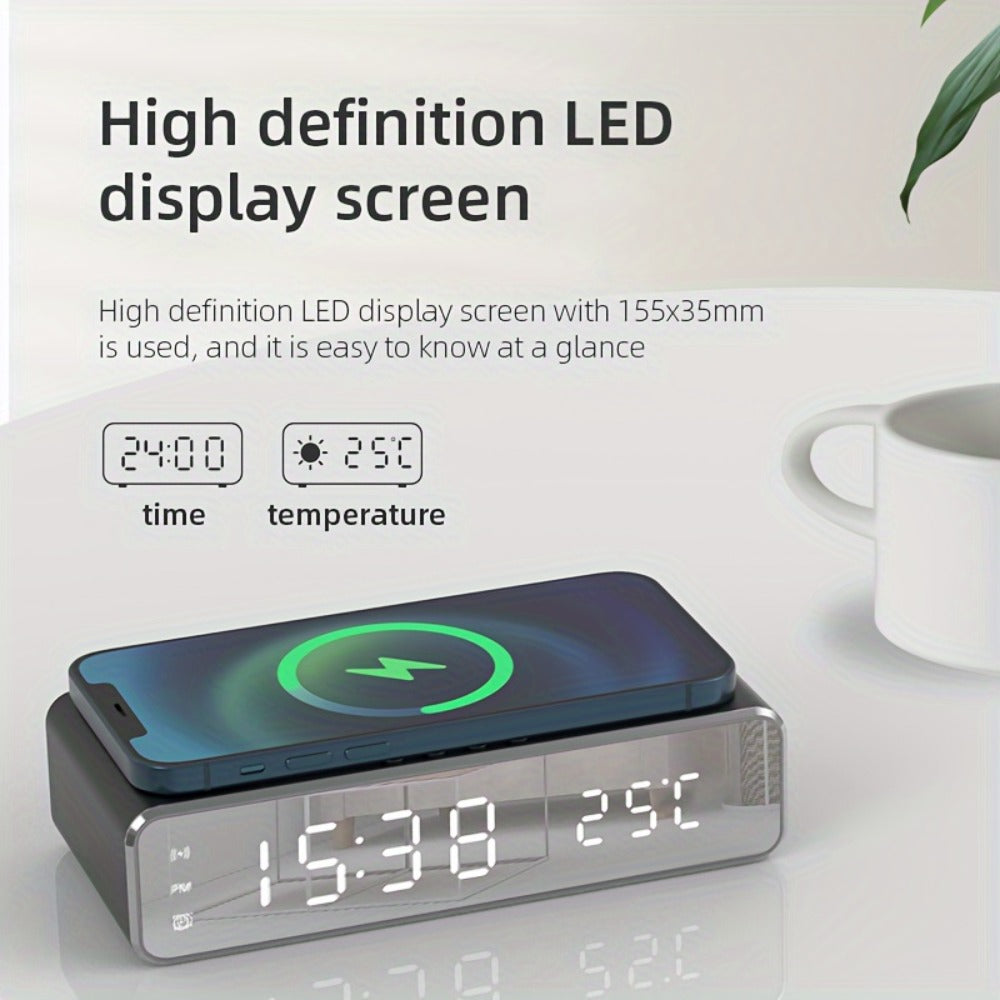 Alarm Clock Wireless Charger with Thermometer 3-in-1 LED Fast Charging Pad for iPhone & Android – 3 Alarms, 12/24H Display, Celsius/Fahrenheit, Power Saving Mode | Bedside Nightstand & Desk Gadget | Black & Silver