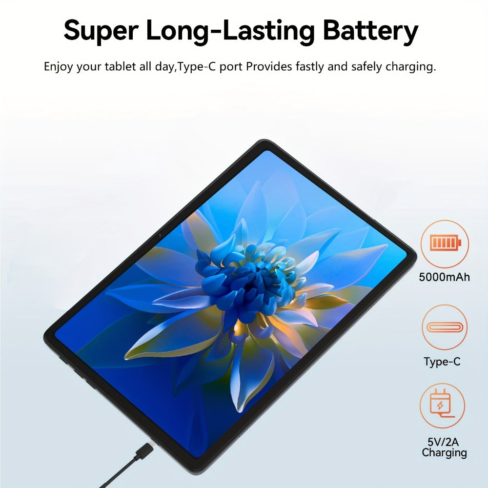 2-in-1 Tablet with Keyboard 10.1 Inch Android 15 12GB RAM 128GB ROM Quad-Core 5G WiFi GMS Certified Type-C 13MP Dual Camera Portable Tablet PC for Work Study – Blue & Gray
