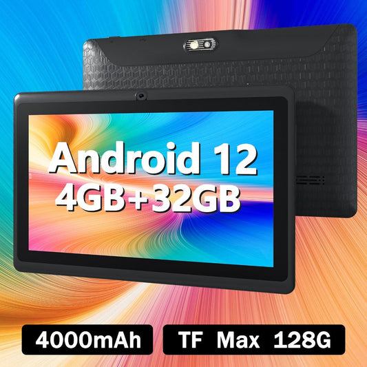 7 Inch Android 12 Tablet, 4GB RAM 32GB ROM, Quad-Core IPS HD Display, 4000mAh Battery, 2MP+5MP Dual Camera, Type-C Charging – Compact Portable Tablet for Kids & Adults, Black