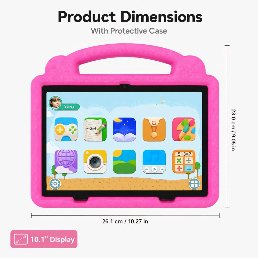 Kids Tablet 10.1 Inch Android 15 – 12GB RAM 64GB ROM Expandable 1TB, 6000mAh Battery, WiFi 6, 1280x800 IPS HD Screen, Dual Camera, Parental Controls, Pre-installed Games, Protective Case Included