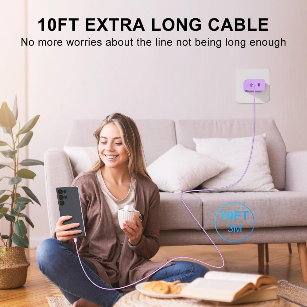 45W Samsung Super Fast Charger USB-C Dual Port Android Fast Charging Block with 10FT Long USB-C Cable for Samsung Galaxy S25 Ultra S25+ S24 Ultra S24 S23 A55 A35 – Purple