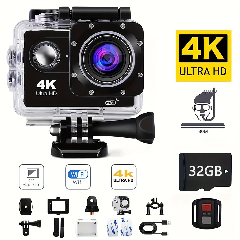 4K Sports Action Camera with WiFi, 170° Wide Angle, 32GB Card & Helmet Mount Kit – Pre-Recording, Remote Control, 900mAh Battery, 2" LCD – Beginner-Friendly Outdoor Cam for Cycling, Hiking & Gifts