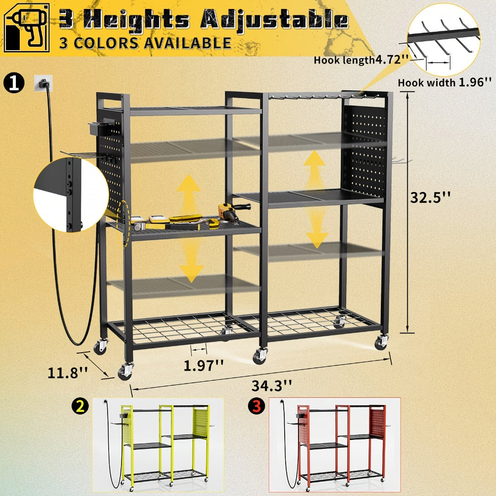 Mobile Tool Cart with Charging Station – 12 Drill Holders & 5 Storage Shelves Power Tool Organizer | Rolling Utility Rack Toolbox with Battery Charging Power Strip for Garage & Workshop | 4 Colors