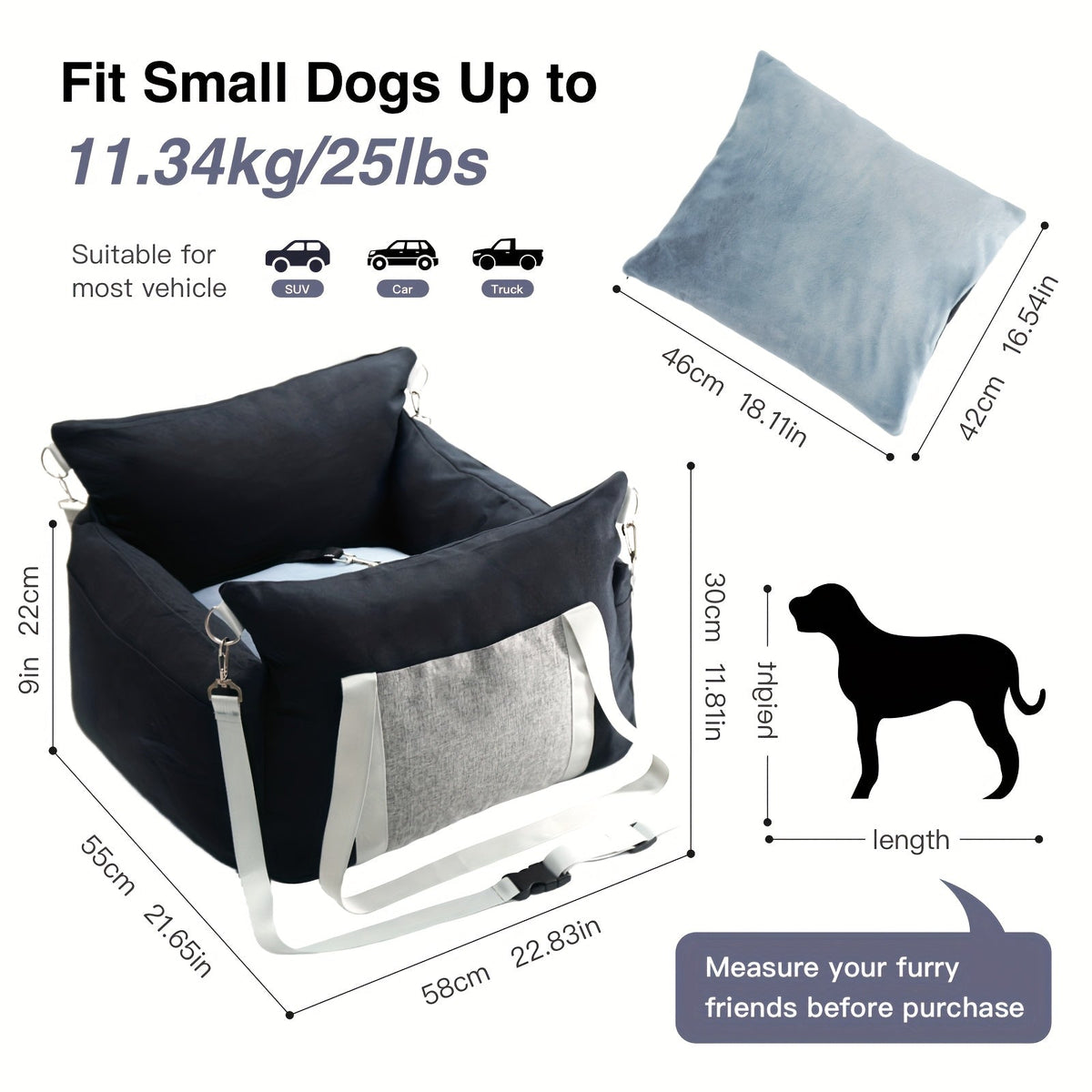 Dog Car Seat Carrier Booster with Safety Harness - Pet Travel Seat for Dogs & Cats, Handheld & Shoulder Strap, Fits Front & Back Seat, Multi-Scene Use for Cafe Park Outdoor