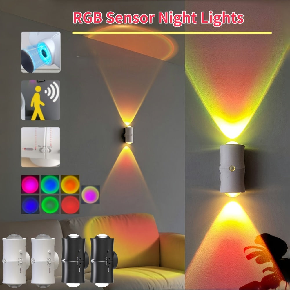 RGB Motion Sensor LED Wall Light – Rechargeable Magnetic Night Light with Color Changing Gradient Ambient Lighting, Battery Operated, 2 Pack & 4 Pack, Black & White