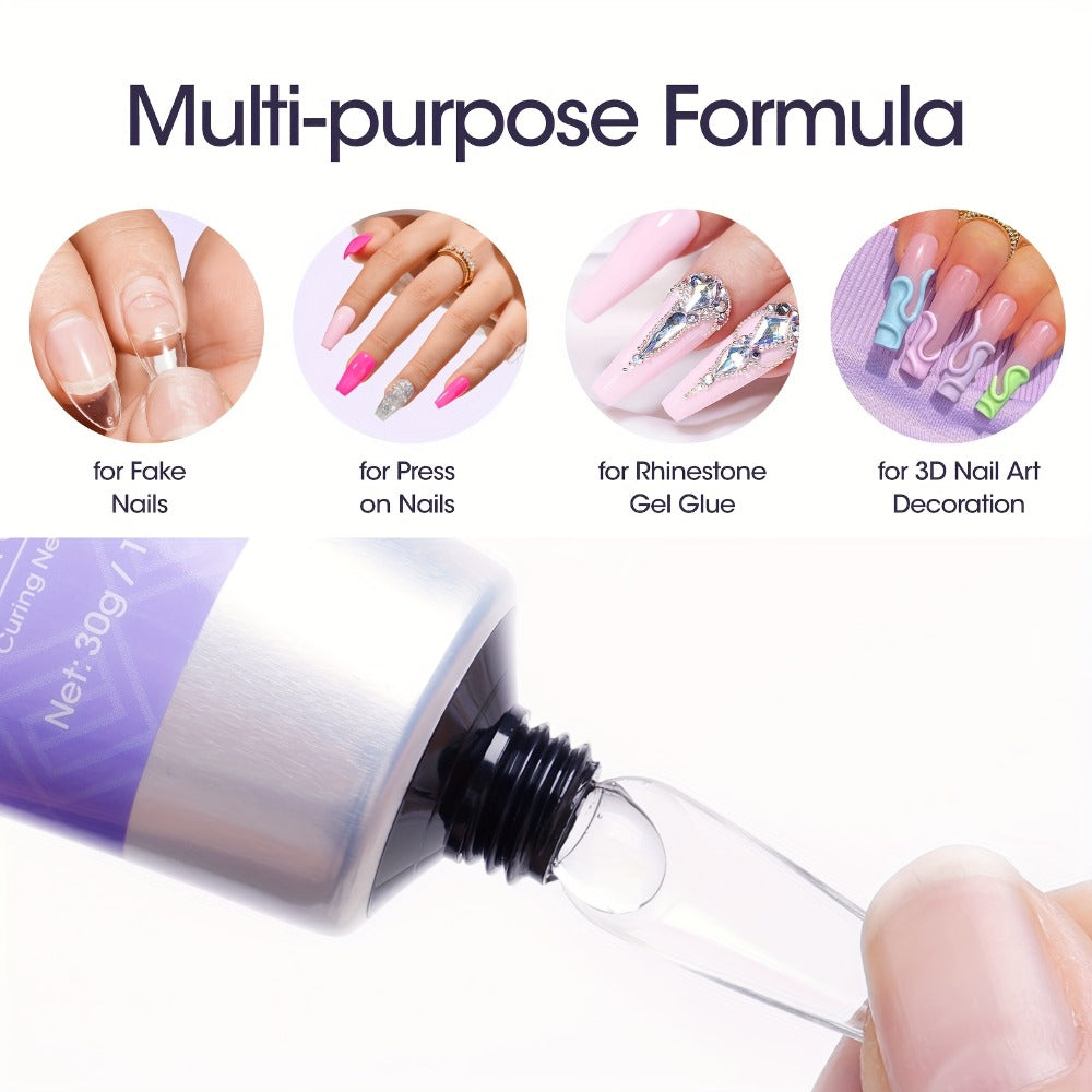 Press-On Nail Glue Gel Kit 30g with UV Lamp - Strong Long-Lasting Solid Nail Glue, 60ml Remover & Buffer for False Nails, Nail Tips & Rhinestones, Lasts 15-30 Days