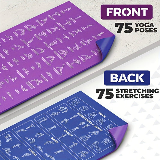 Yoga Mat with 75 Pose Illustrations, Purple Non-Slip Design and Side Storage Bag