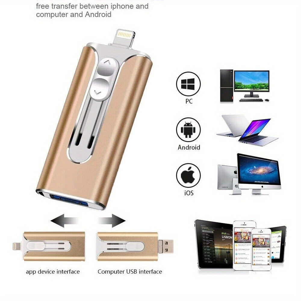 4-in-1 iPhone Flash Drive USB 3.0 OTG Photo Stick 128GB 256GB, Lightning USB-C USB-A iPad Connector Memory Stick with Backup Function Compatible with iPhone iPad Android Laptop & PC – Gold Pink Silver Blue