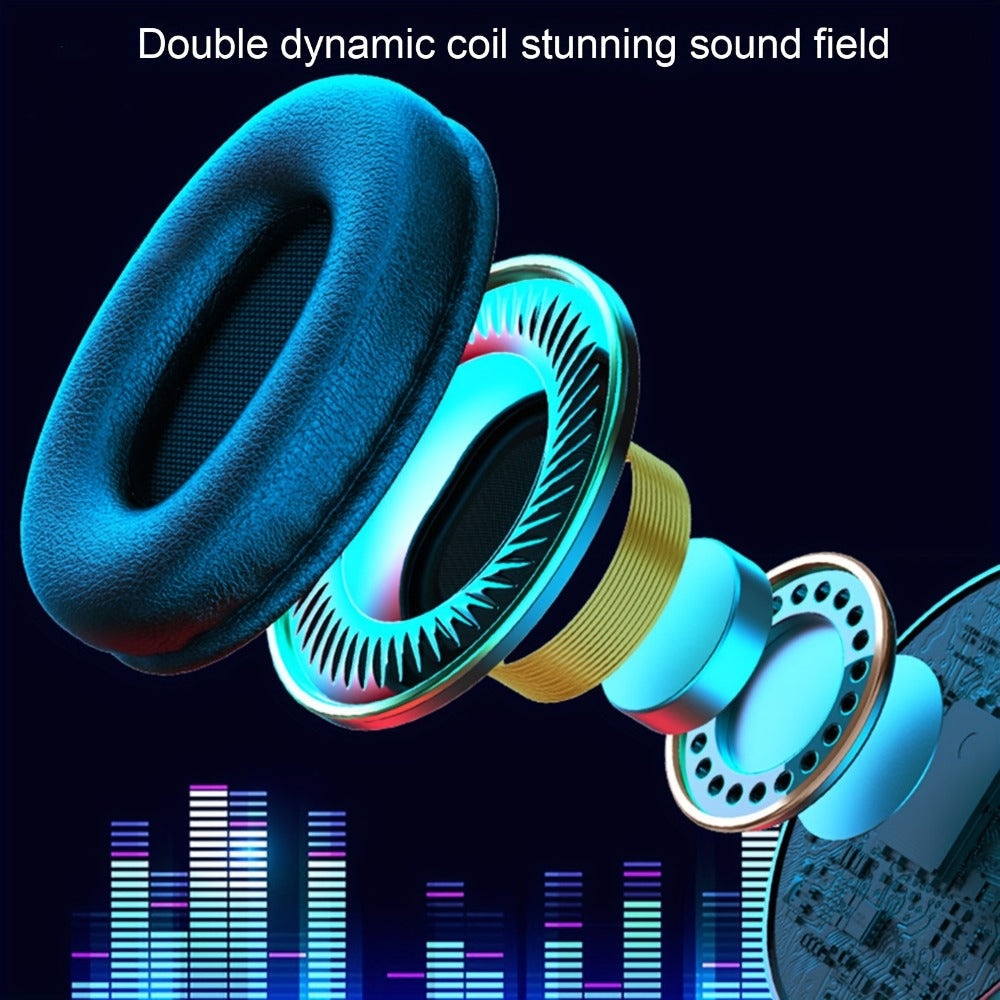 LED Light Over-Ear Wireless Headphones Deep Bass Subwoofer, Active Noise Cancelling Foldable Headset Bluetooth 5.3, Wired & Wireless Dual Mode AUX, USB Rechargeable for Gaming Music Sports