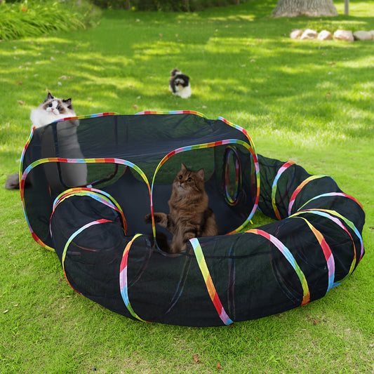 Outdoor Cat Enclosure with Circle Tunnel, Foldable Mesh Playpen with Rainbow Trim