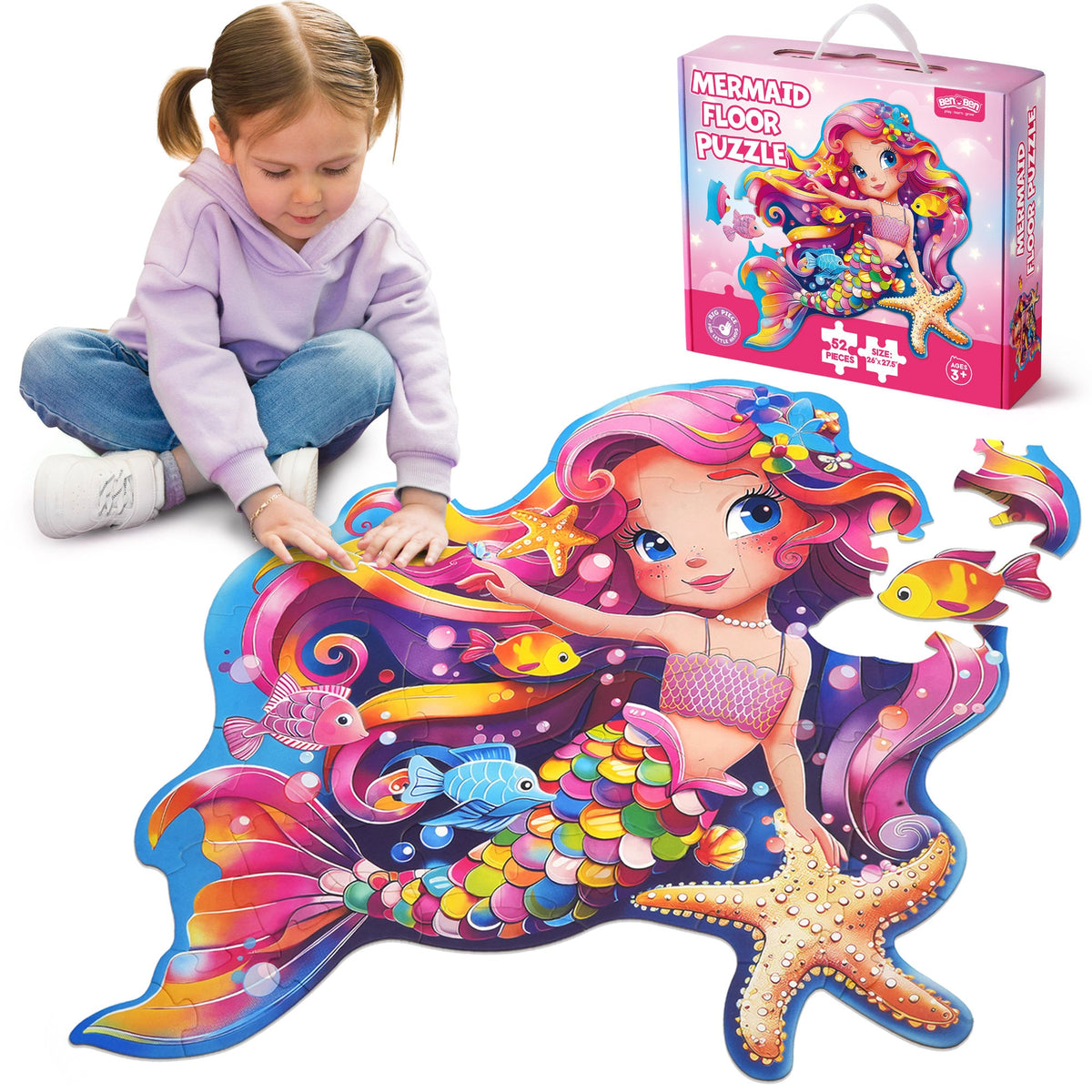Large Floor Puzzle for Kids Ages 3+, Chunky Jigsaw in Mermaid or Farm Animals Design
