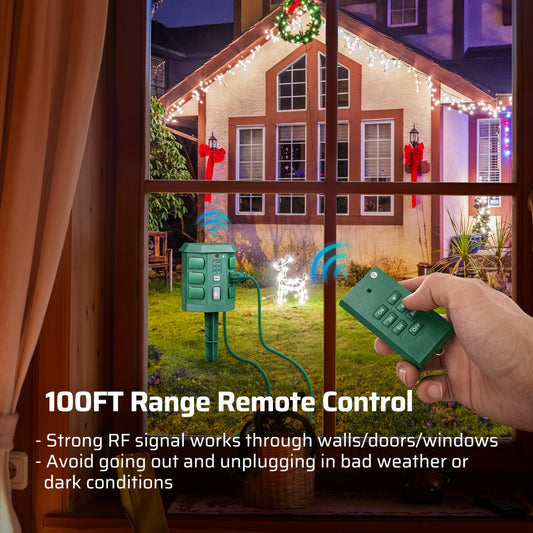 Outdoor Power Stake Timer with 6 Outlets, Dusk-to-Dawn Sensor and 100-ft Remote