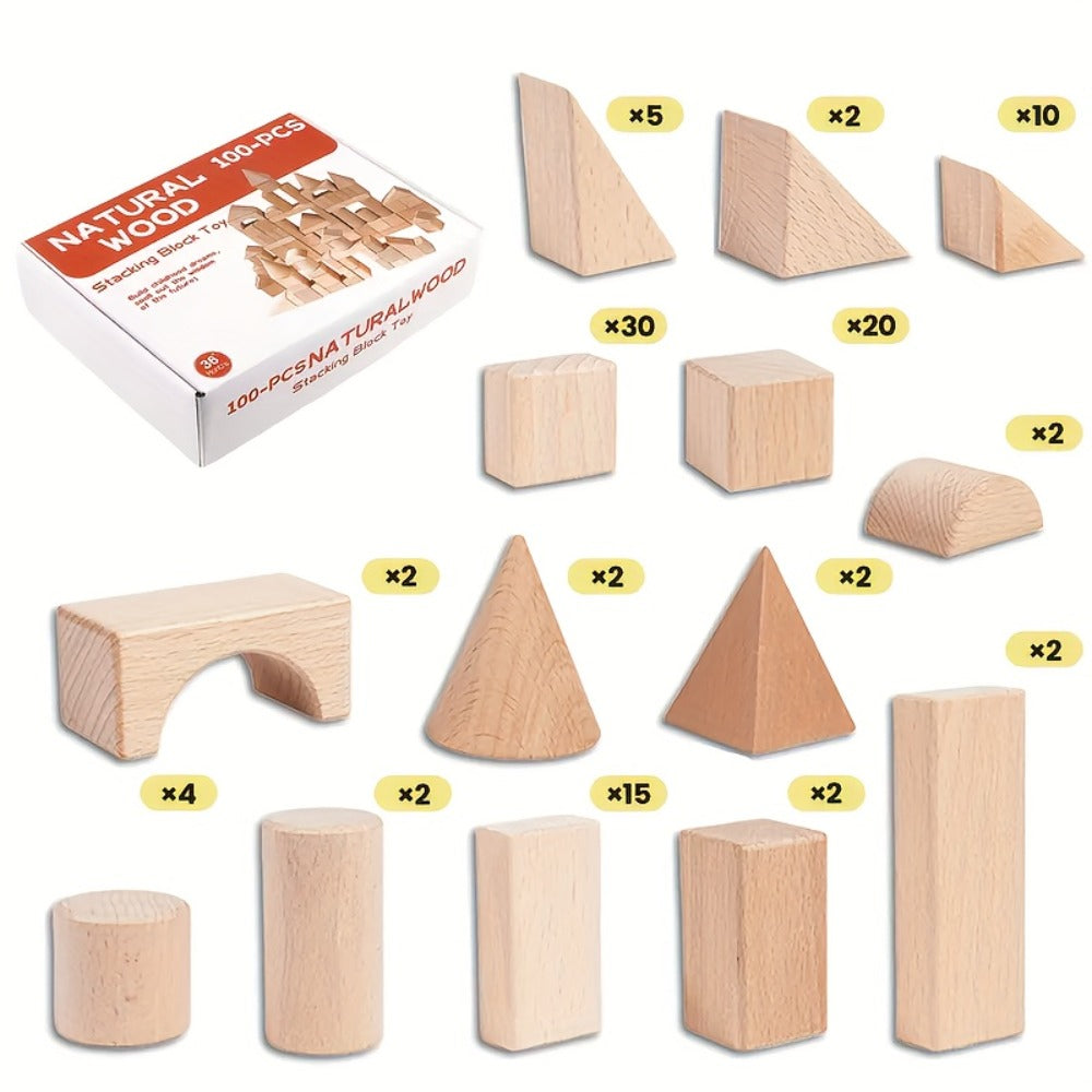 100-Piece Unpainted Beech Wood Building Blocks for Stacking and Sorting