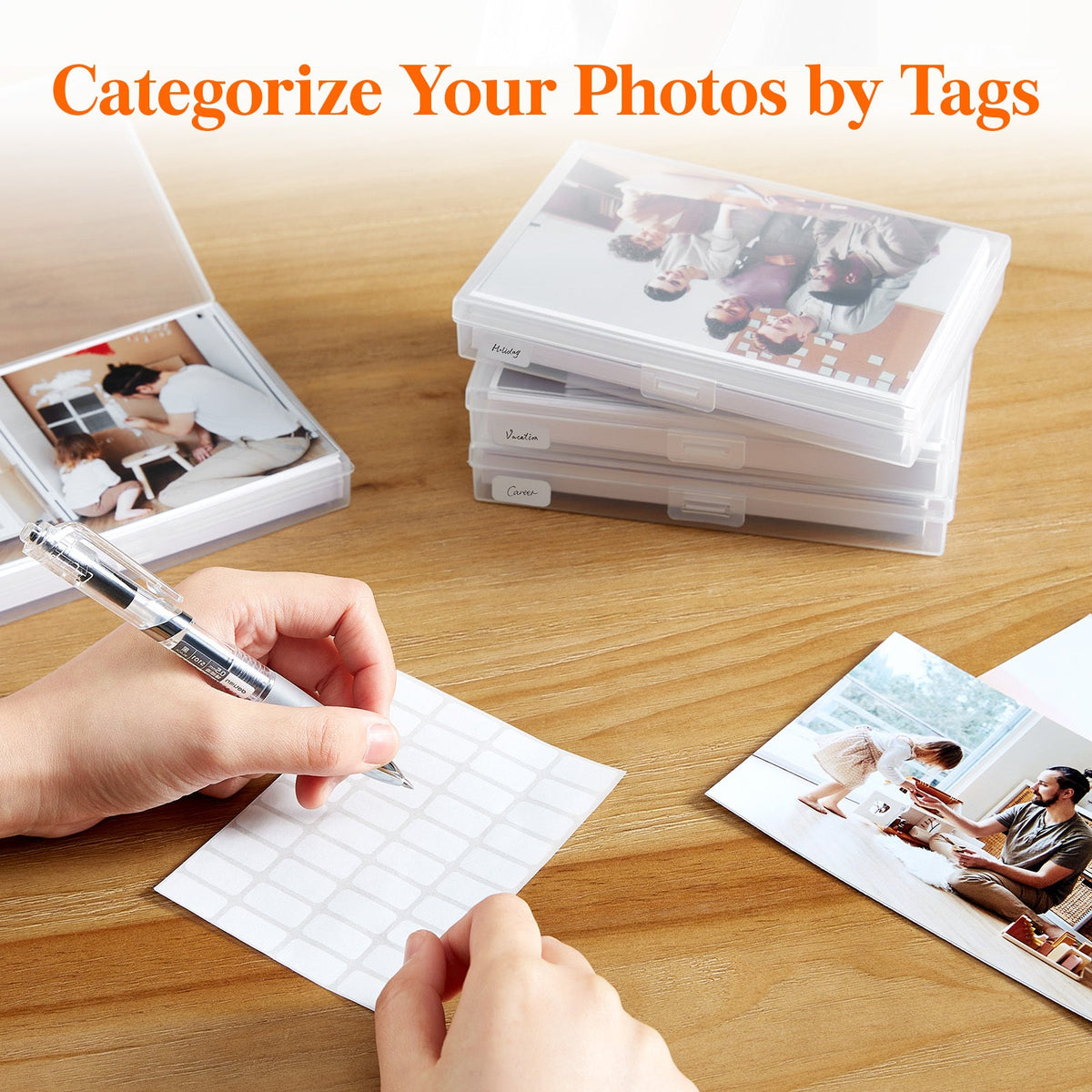 4x6 Photo Storage Box with 14 Inner Photo Keeper Cases Holds 1400 Photos Clear Plastic Photo Organizer with Lids Label Stickers BPA-Free for Cards Pictures Stamps Craft Office Supplies