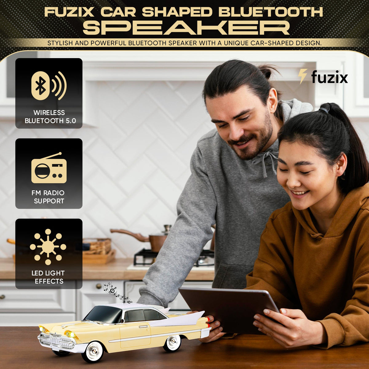 Retro Car Bluetooth Speaker with LED Headlights & Taillights, Fuzix WS-1965 Wireless Portable Stereo Speaker, AUX/USB/TF/FM Radio, Built-in Mic, Rechargeable Battery, Gift for Car Enthusiasts