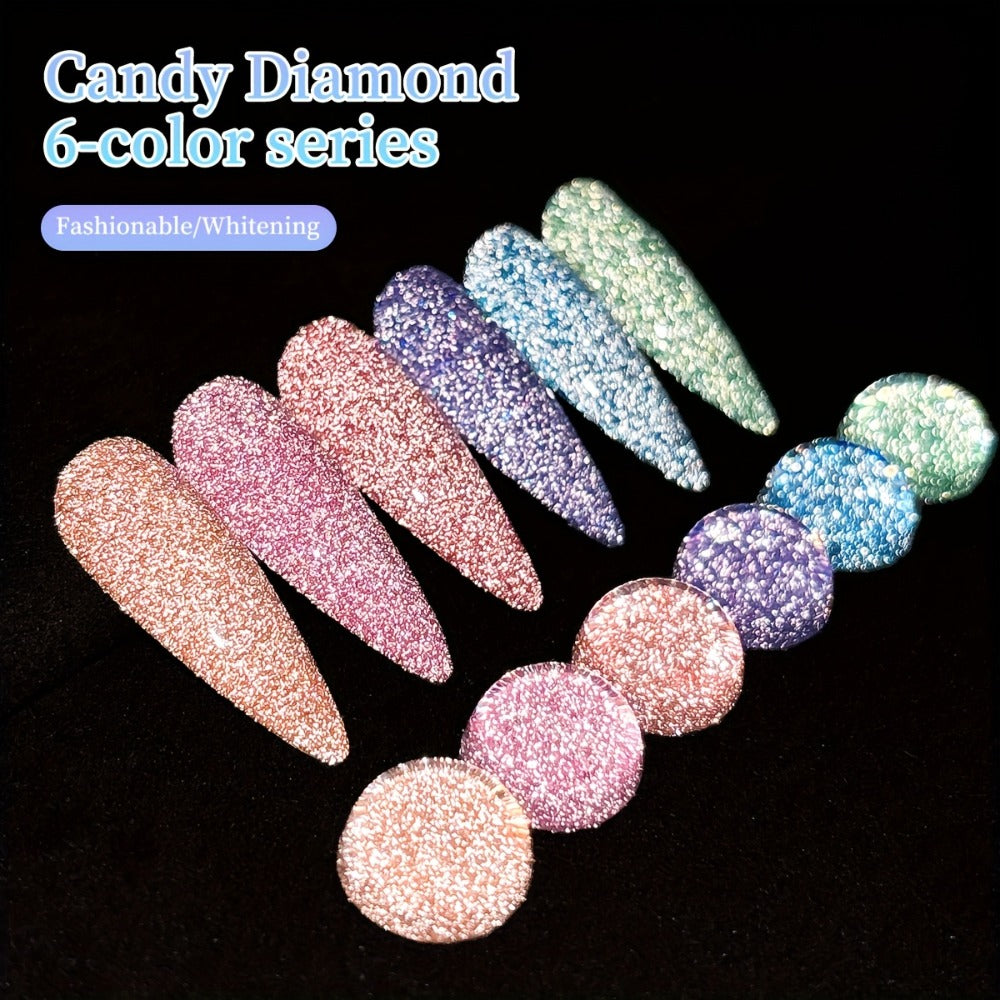 Glitter Gel Nail Polish Set 6pcs Crushed Starlight Sparkling Rhinestone Soak-Off UV LED 0.51oz Each – Photo Frame & Candy Styles Seasonal Nail Art Kit for Women, Salon & Home Manicure, Gift for Her