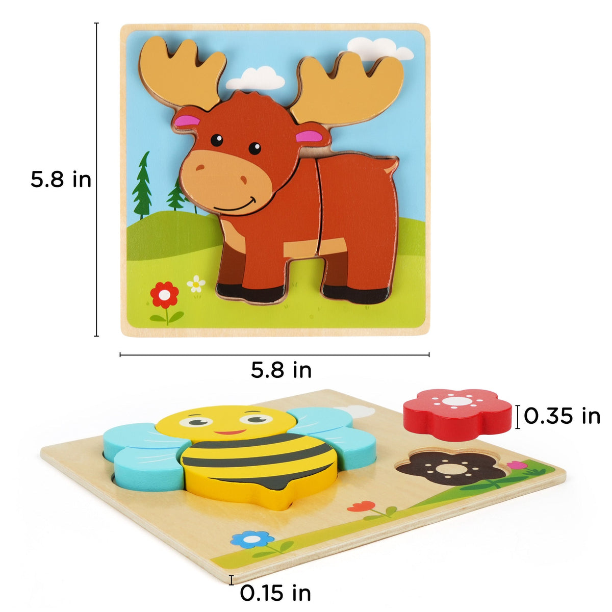 Wooden Animal Puzzles for Toddlers, 8-Pack – Colors & Shapes Learning Set Ages 1-3