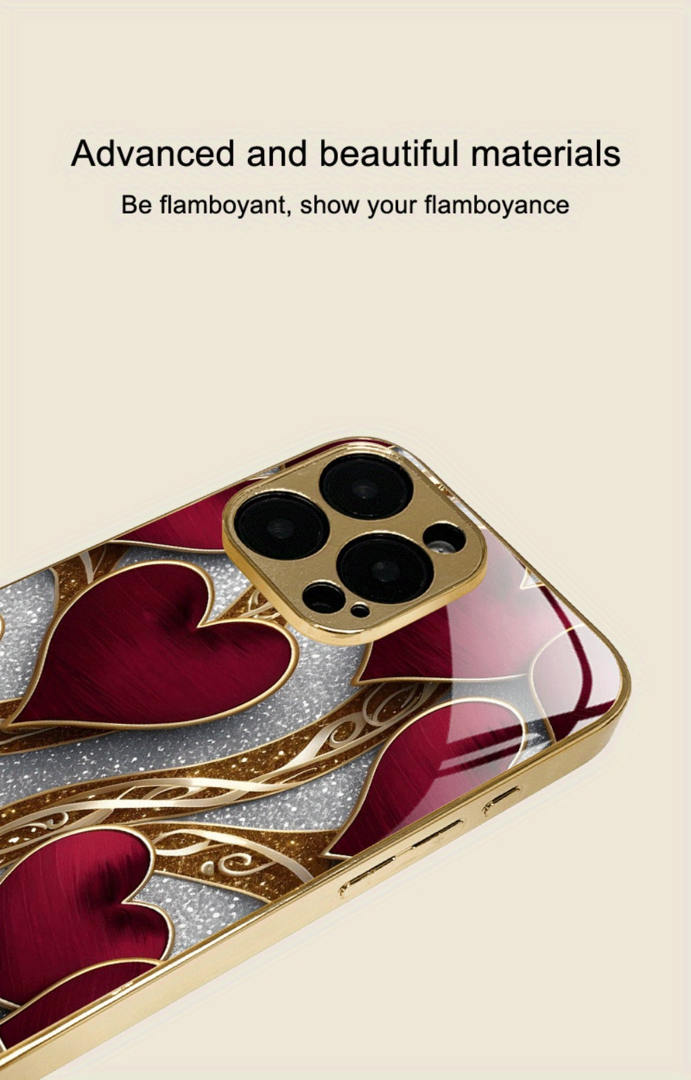 Golden Heart Phone Case Luxury Aesthetic Slim Fit iPhone 17 16 15 14 13 12 11 Pro Max Plus XS XR Samsung Galaxy S25 S24 S23 S22 A-Series Cute Girly Gift Cover Red Gold Design