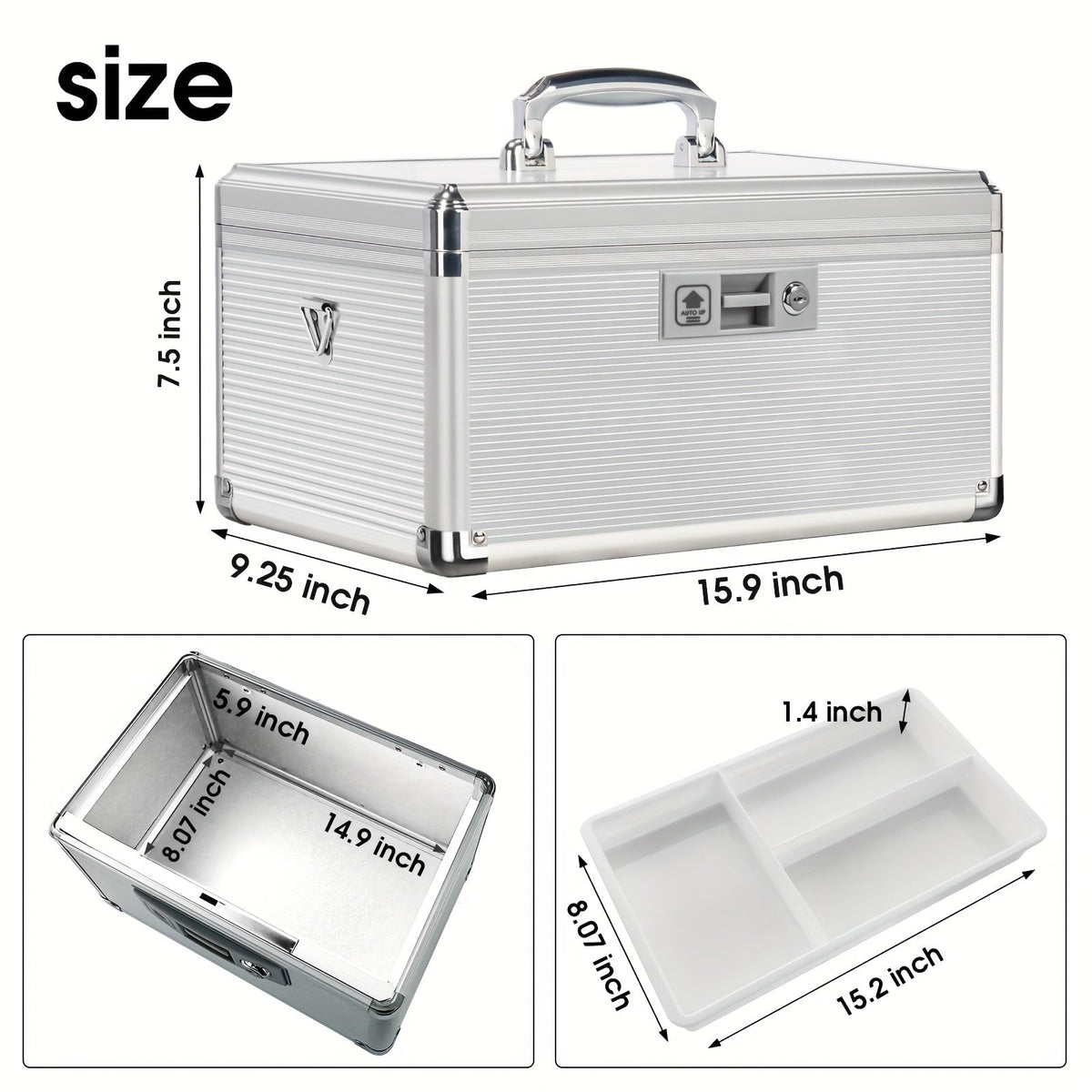 Aluminum Alloy Lockable Medicine Box – Double Layer Large Capacity Storage Box with Key Lock, Handle & Tray for Medicines, Documents & Valuables, 10"/12"/14"/16" Home Security Box