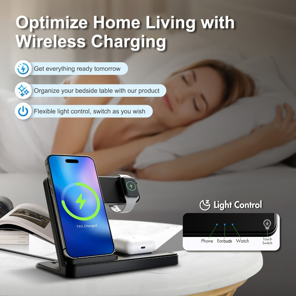 Vertical Horizontal Wireless Charging Station 3-in-1 Foldable 15W LED Indicator – Fast Charger for iPhone 17/16/15/14/13/12, Apple Watch Ultra 2/Series 10/9/8/7 & AirPods Pro 4/3/2 | Portrait Landscape Stand | Black & White