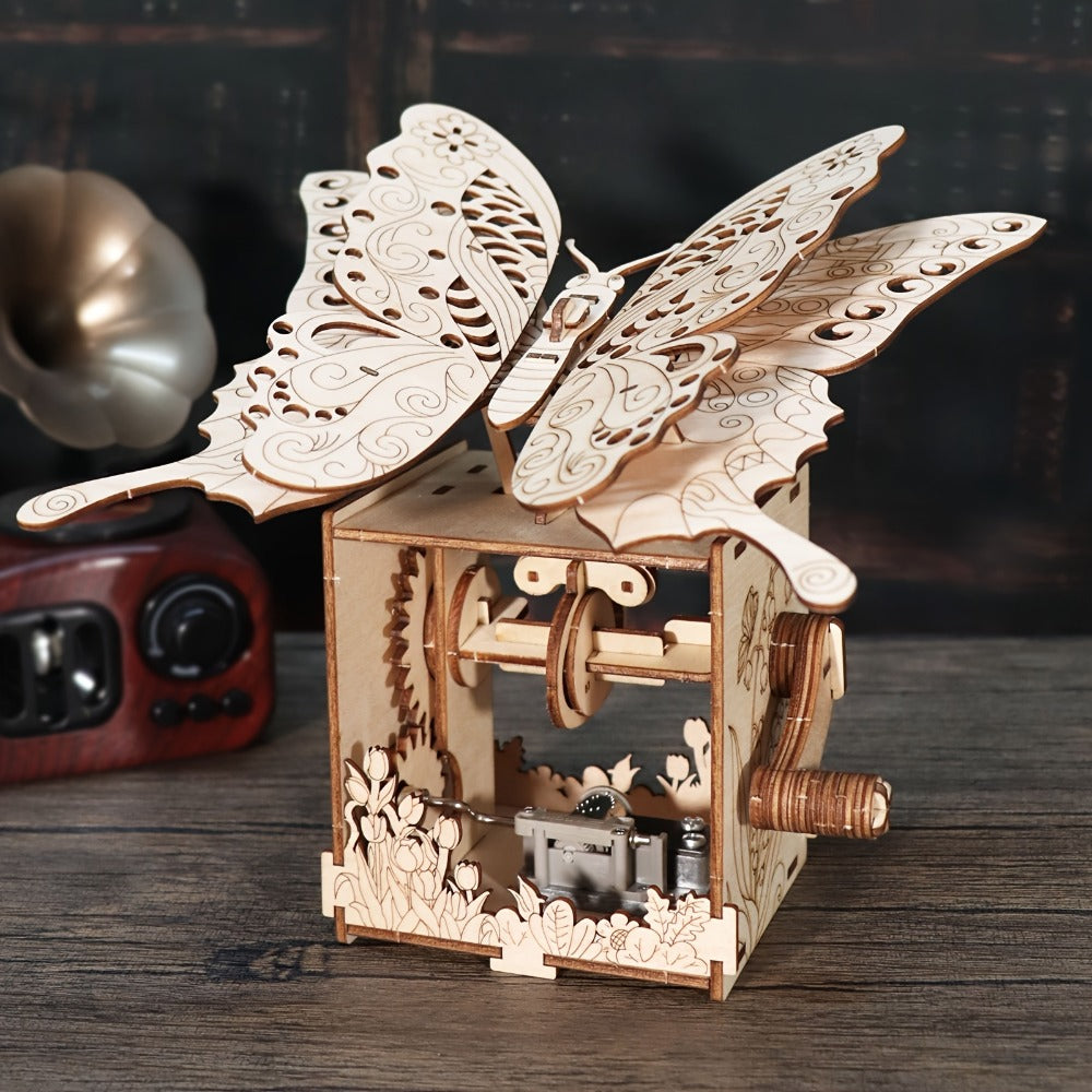 Wooden Butterfly Model Kit, Choose Color Display or Music Box Style