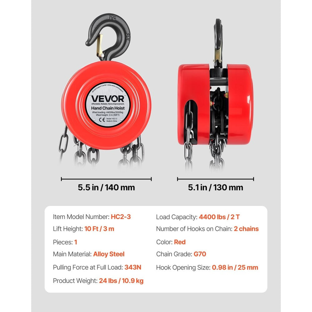 Hand Chain Hoist 2200 lb / 4400 lb Manual Chain Block with G70 Chain – 8 ft / 10 ft / 20 ft Lift Height, 360° Rotating Hooks, Security Brake, for Garage, Construction & Warehouse Lifting