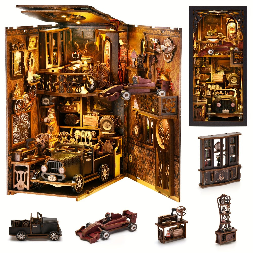 Car Players Book Nook Kit, DIY Wooden Vintage Alley Bookshelf Insert
