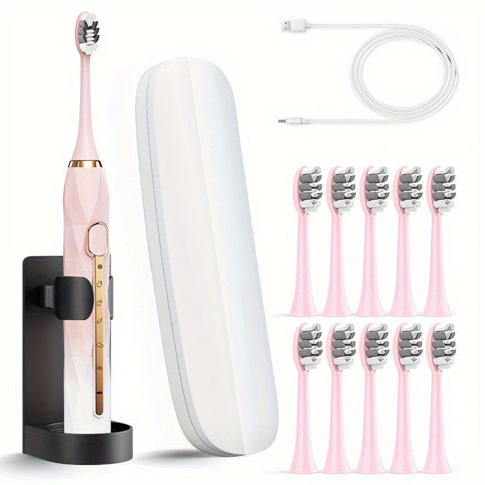 Sonic Electric Toothbrush IPX8 Waterproof USB Rechargeable with 10 Replacement Heads, Intelligent Timer, Travel Case & Charging Base – 5 Colors for Men & Women