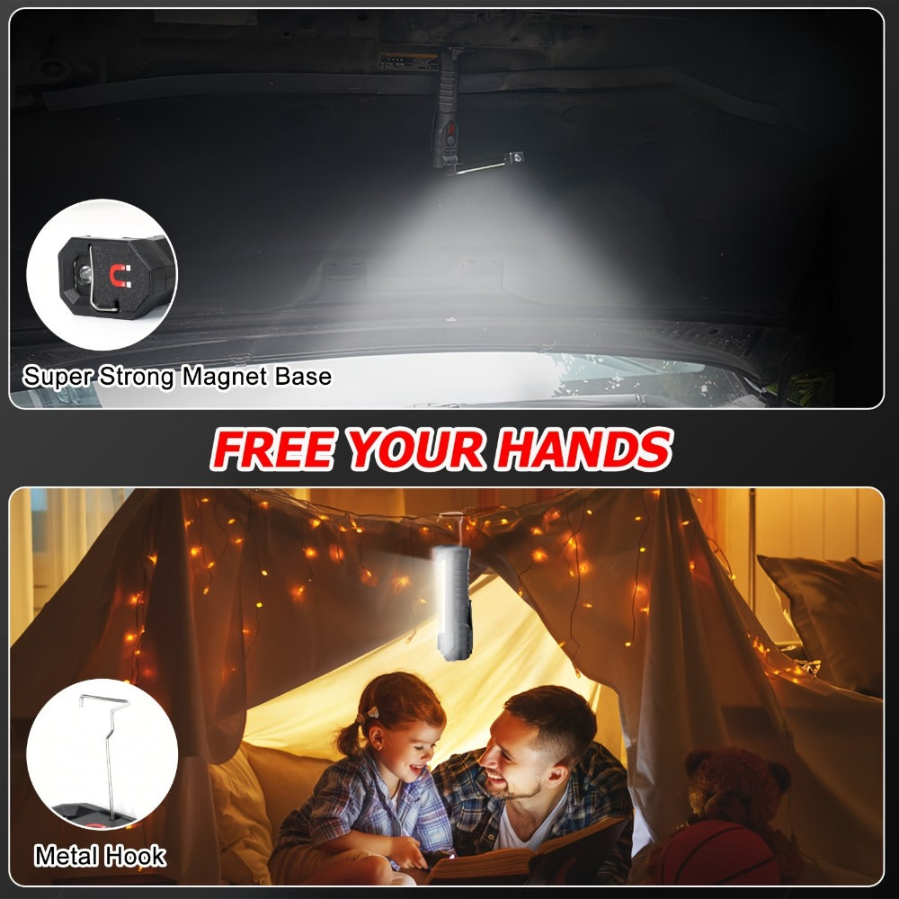 COB LED Work Light Magnetic Base Rechargeable USB 20000 Lumens 7 Modes 180° Rotation Portable Hanging Flashlight with Built-in Battery Power Bank Function for Workshop Garage Car Repair 1/2/4 Pack