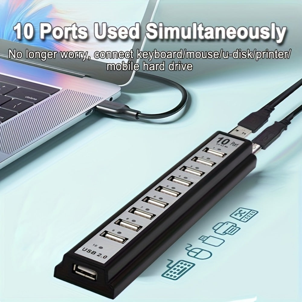 10-Port USB-A Hub with High-Speed Charging & Data Transfer – Plug and Play USB Splitter for MacBook, PC, Laptop, Desktop | 10 Device Simultaneous Connection