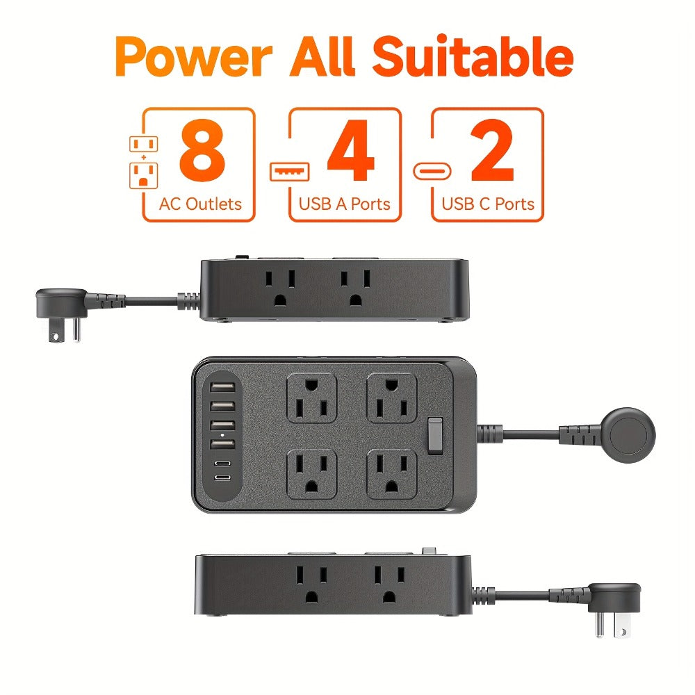 One-Touch Switch Desk Charging Station 14-in-1, 8 Widely Distributed AC Outlets & 6 USB Ports (4 USB-A + 2 USB-C), Surge Protection, Compact Portable Power Strip for Home Office Desktop – Safe & Organized