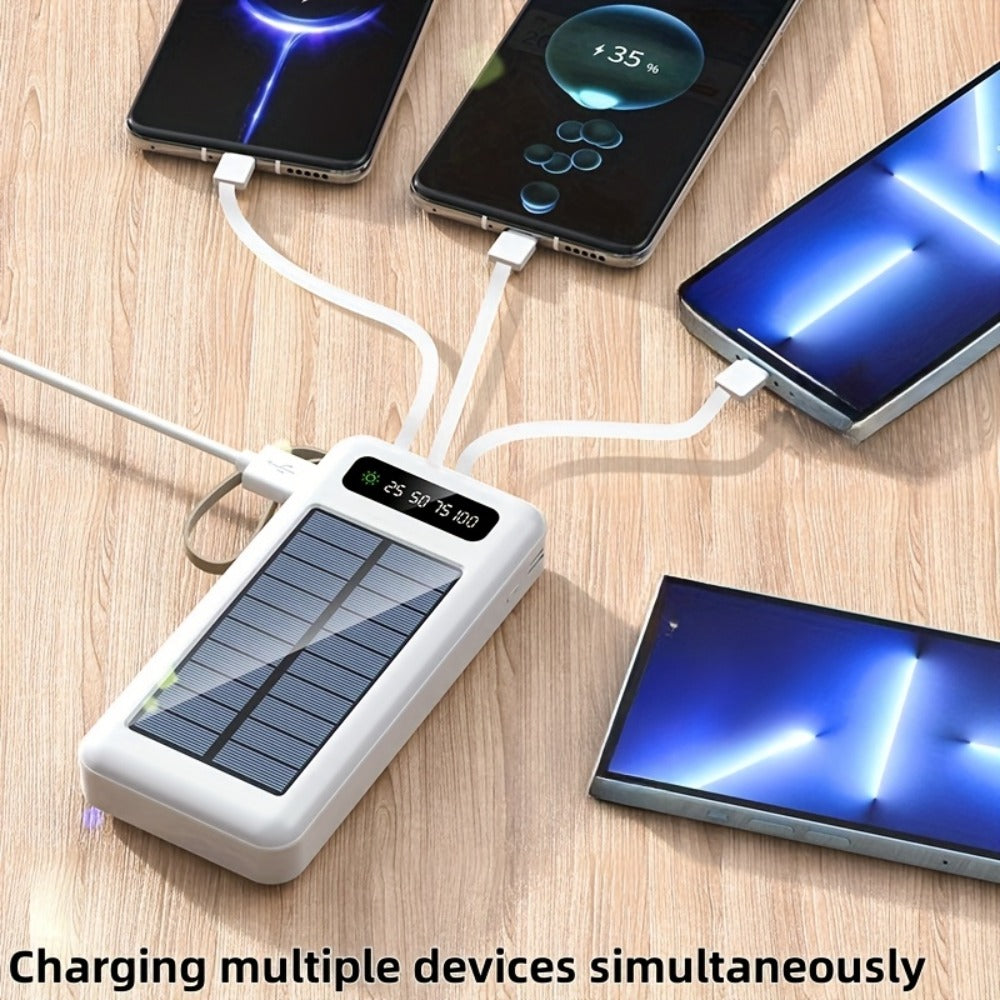 Solar Power Bank with Built-in 4 Cables LED Flashlight 15W Fast Charging Digital Display Dual USB USB-C Portable Charger 10000mAh 20000mAh 30000mAh for iPhone Android Camping Hiking
