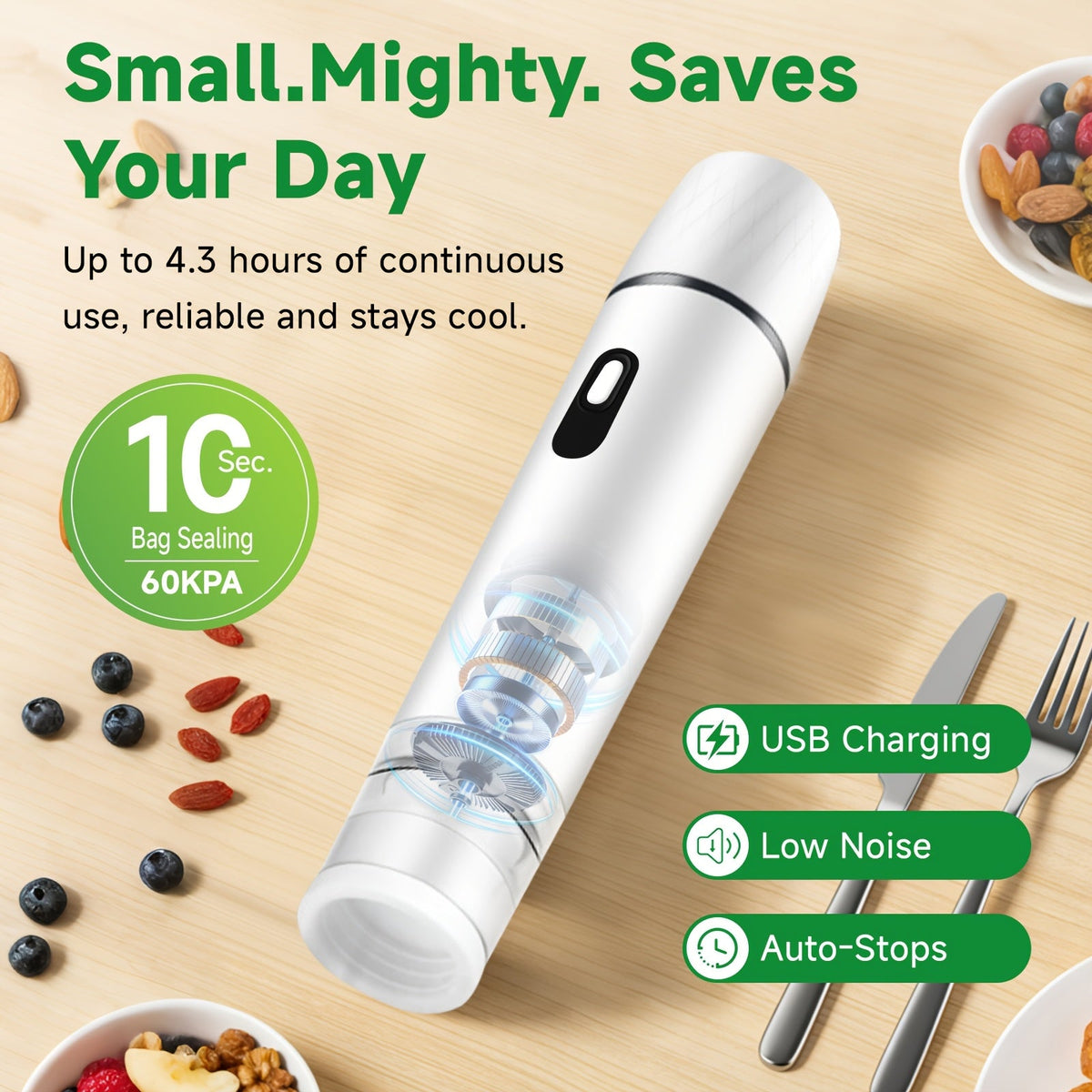 Vacuum Sealing Machine with Reusable Vacuum Bags – Compact Handheld Food Sealer, Portable Meal Storage Device, Powerful Suction, Kitchen Food Preservation Tool with 10 Reusable Bags Included