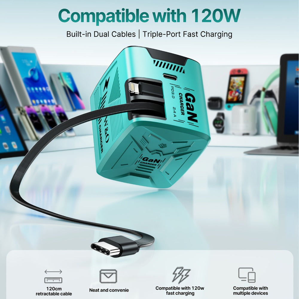 GaN Charger 120W with Lightning & Type-C Retractable Cables 47in, Foldable Plug USB-C Wall Adapter – With or Without Cable Option for iPhone 17 16 15 Pro Max, Samsung Galaxy S25 S24, Android Devices