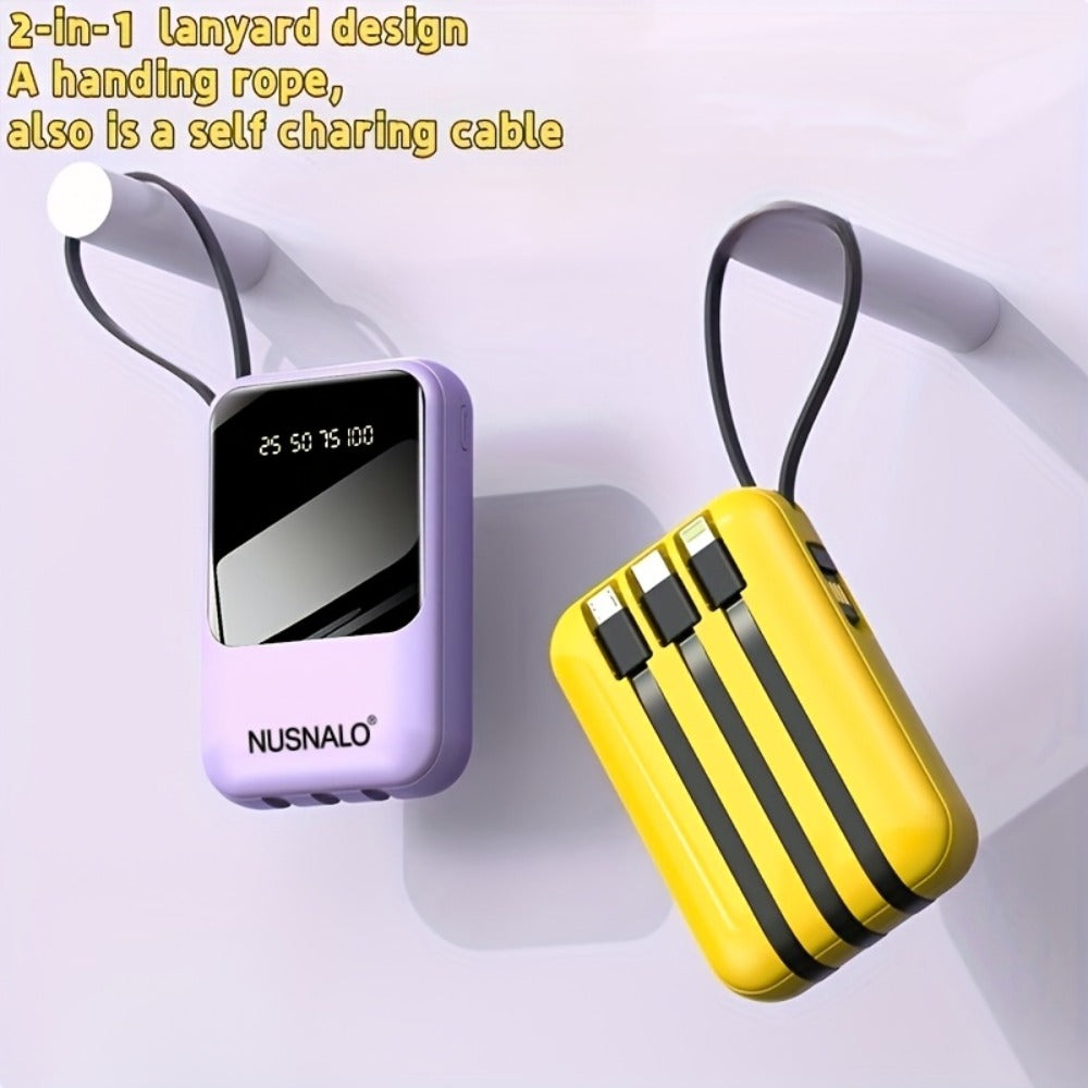 10000mAh Mini Power Bank with Built-in 4 Cables – 22.5W Super Fast Charging, LED Display, Cute Portable Charger for iPhone, Android, Samsung & Travel, Ultra-Compact Battery Pack with LED Light