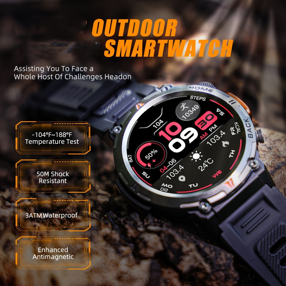 Tactical Smartwatch for Men LED Lighting 1.45 Inch 97% Screen Ratio Bluetooth 5.2 Wireless Calling Outdoor Fitness Tracker Heart Rate Blood Oxygen Sleep Pedometer iPhone Android Silicone Leather Strap Black Orange