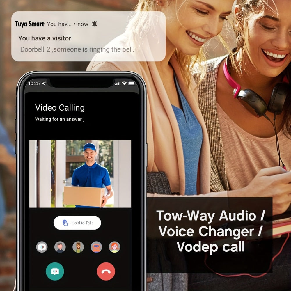 Tuya Smart WiFi Doorbell Camera with Voice Changer – HD Night Vision, Two-Way Intercom, Rechargeable Battery, SD Card Local Storage, Remote Viewing, Home Security Wireless Doorbell, Single or 2-Pack