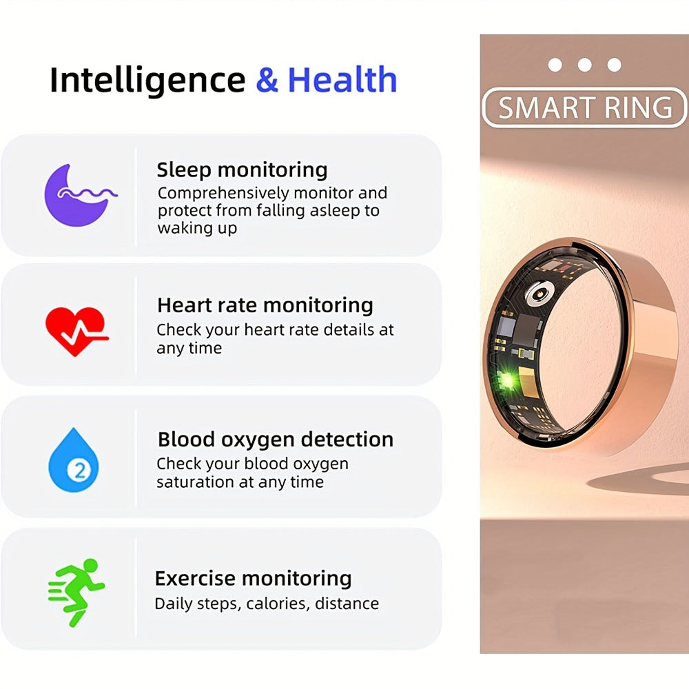 Health Monitoring Smart Ring with Heart Rate HRV Sleep Tracking, Steps Calories Body Temp & Menstrual Cycle – Bluetooth 5.3, iOS & Android, Sizes #7-#13, Rose Gold Black Silver