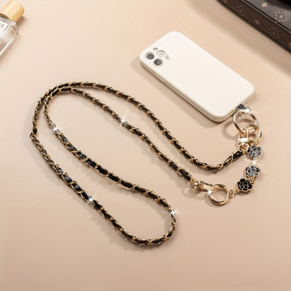 Crossbody Phone Strap Long Chain Pearl Camellia Metal Charm Elegant Lanyard for Women Girls – Clip-On Universal Fit iPhone Samsung Black White 2-5pcs Gift Set