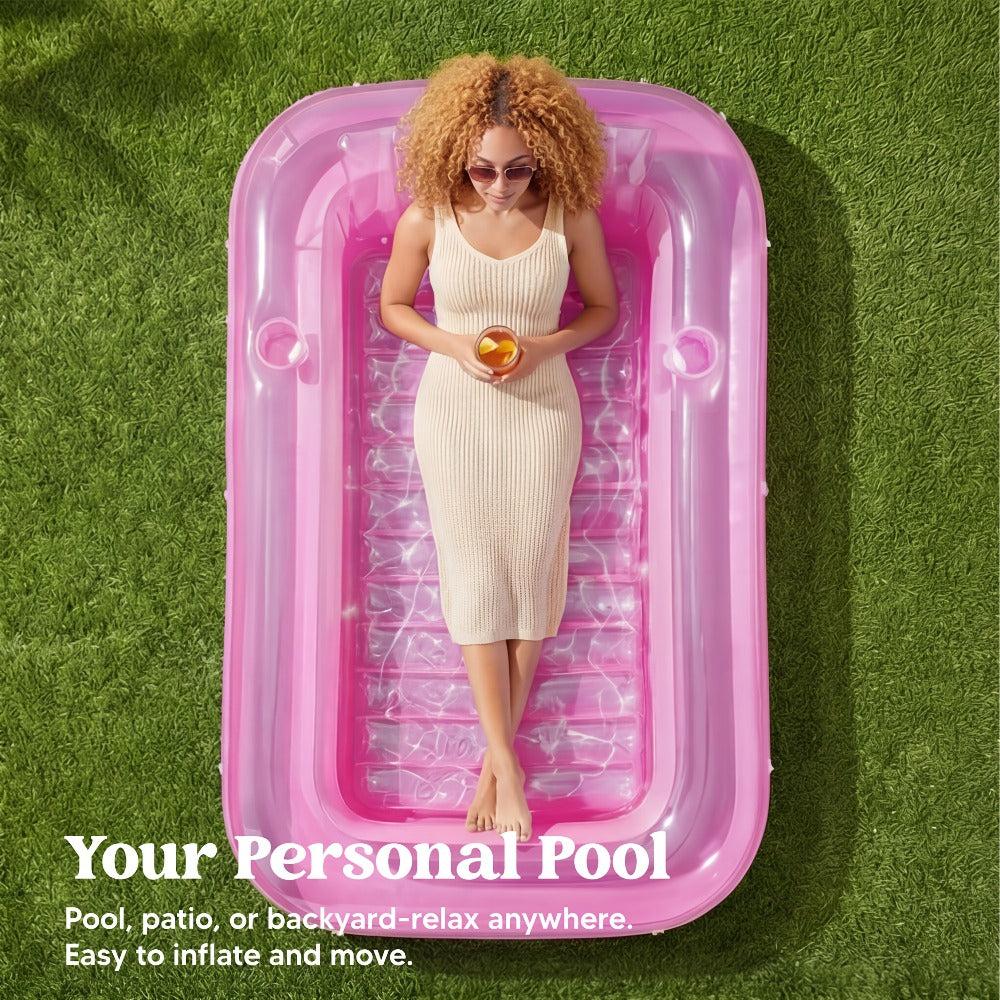 Inflatable Tanning Pool Float Pink White 4-in-1 Suntan Tub Raft for Women – Large 70"x46" Sunbathing Lounger with Pillow, Ball Pit & Pool Party Lounge, Stylish Floating Relaxation Bed