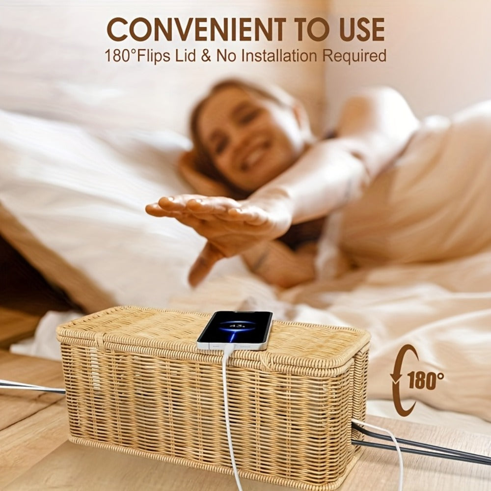 Rattan Cable Management Box with Lid Woven Cord Organizer – Stylish Power Strip Cover Wire Hider for Home Office Living Room Desk Bedroom, Conceals Surge Protectors & Data Cables, Boho Decor Gift