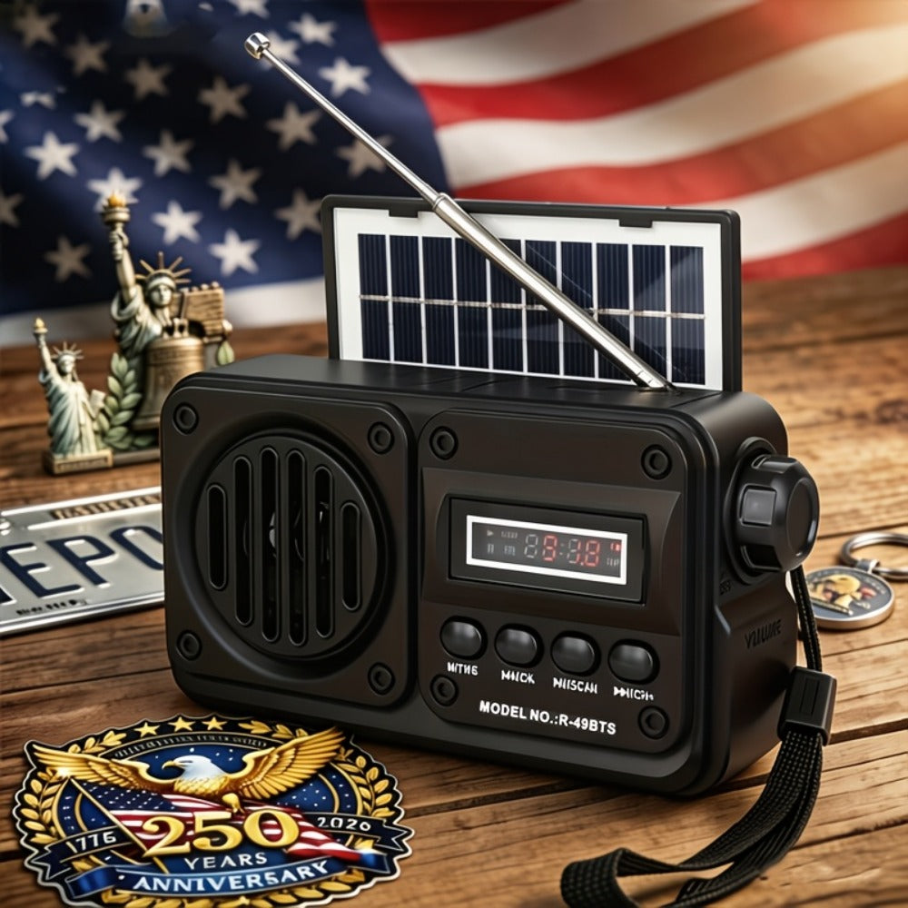 FM Portable Radio R-49BTS Retro Solar Panel Bluetooth Speaker, USB TF Card Playback, Loud Digital Radio for Indoor Outdoor Travel Emergency Camping, Independence Day Gift