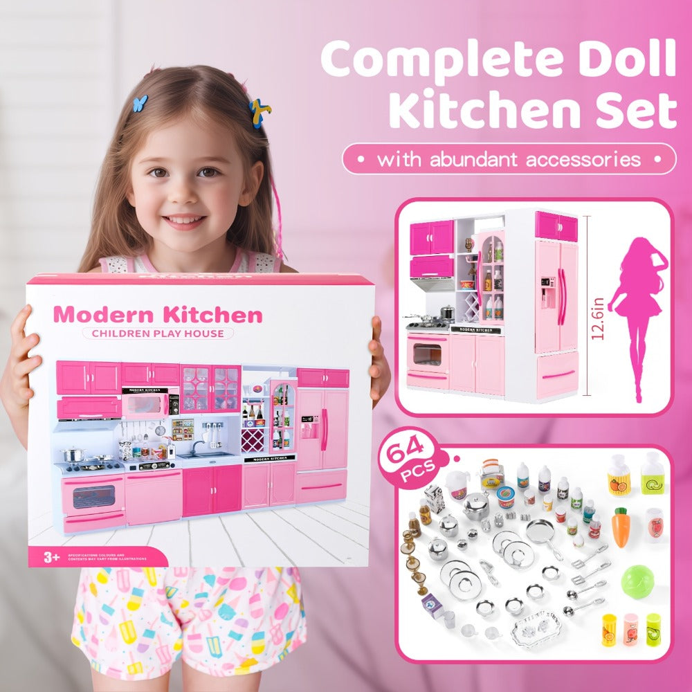Pink Pretend Play Kitchen Set, 64-Piece Play House with Lights and Sounds